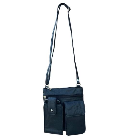 NWT Cal-Wyn Black Leather Crossbody with Adjustable Shoulder Strap Phone Pocket - Picture 3 of 4